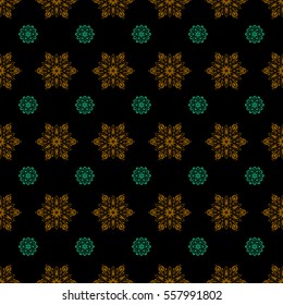 Vector illustration. Brown and green Christmas frame with abstract snowflakes and dots on black background.