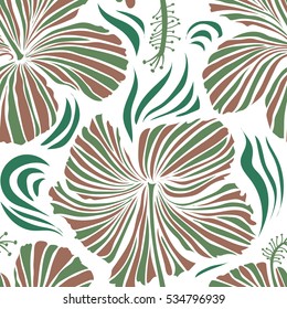 Vector illustration in brown and green colors on a white background. Tropical flower, hibiscus pattern.