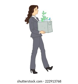 Vector illustration with brown hair woman carries a box with documents and plant