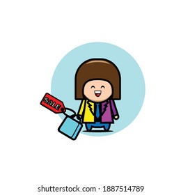 Vector illustration of brown haired shopping lady design