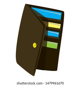 Vector illustration of a brown, half-open leather purse with credit cards.