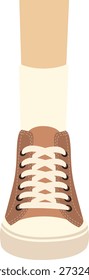 Vector illustration of brown high top sneakers worn on leg, representing casual lifestyle and everyday fashion. Clean modern design isolated on white background, perfect for fashion advertising, streetwear promotion, lifestyle concepts, social media content, and footwear branding