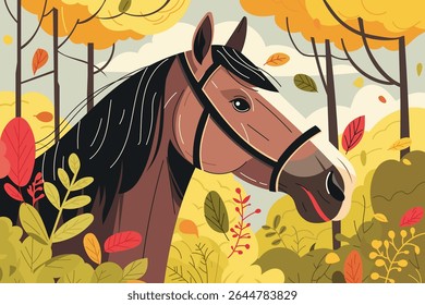 Vector illustration of a brown horse with black mane in an autumn forest. Colorful foliage, trees, and vibrant seasonal leaves create a warm, natural animal scene.