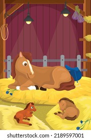 Vector illustration of brown horse with two foals resting in stall