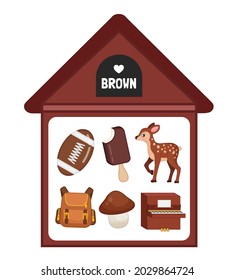 Vector illustration of a brown house . Learning colors for children. The image of objects in brown color - a ball, ice cream, deer, backpack, mushroom, piano.
