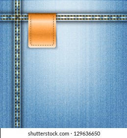  Vector illustration of brown leather label on blue jeans background.