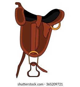 Vector illustration brown leather saddle. Embroidery for equestrian sport. Horse saddle flat icon