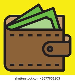 Ilustración vectorial de una cartera de piel marrón con billetes verdes en el interior sobre fondo amarillo