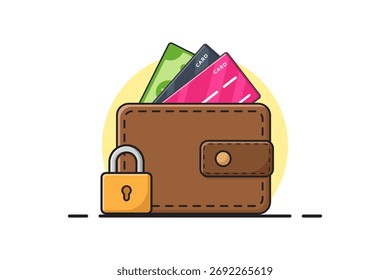 Vektorgrafik der braunen Ledertasche mit Karten und Vorhängeschloss, die eine sichere persönliche Finanzen symbolisieren.