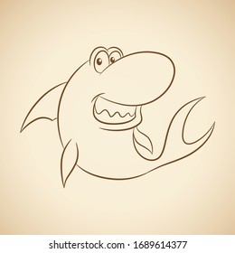 Vector Illustration of Brown Line Art Shark Cartoon on a Beige Background