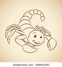 Vector Illustration of Brown Line Art of Scorpio Zodiac Sign on a Beige Background
