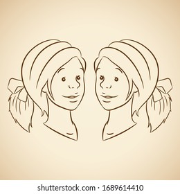 Vector Illustration of Brown Line Art of Gemini Zodiac Sign on a Beige Background