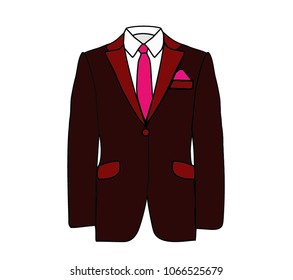 Vector illustration of brown man suit with pink tie and white shirt on white background. Business suit, business, mens suit, man in suit