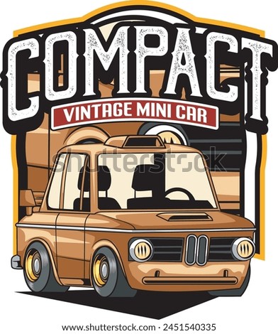 Vector Illustration of Brown Mini Car with Vintage Illustration Available for Kids Badge