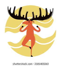 Vector illustration of brown moose with yellow sun doing meditation. Yoga balance lifestyle with forest animal. Trendy print design, relax concept art, sport and morning exercises poster