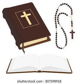 Vector illustration of brown opened and closed Holy Bible and rosary beads with cross.