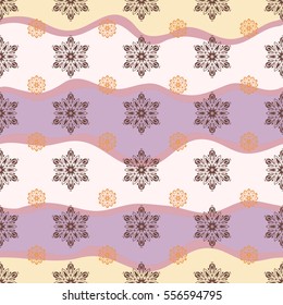 Vector illustration. Brown and orange Christmas frame with abstract snowflakes and dots on wave background.