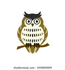 vector illustration of a brown owl animal resting on a tree trunk