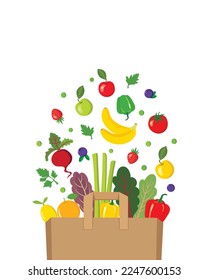 Vector illustration of brown paper bag with fresh organic produce vegetables fruits berries. Healthy diet  whole unprocessed food gut health concept