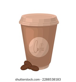 A vector illustration of a brown paper coffee cup with a design featuring coffee beans. Vector illustration