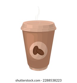 A vector illustration of a brown paper coffee cup with a design featuring coffee beans. Vector illustration