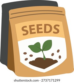 Vector illustration of a brown paper seed packet featuring a small green sprout growing from soil, isolated on a white background.