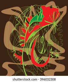 Vector illustration of brown & red & green hand drawn graphic pattern / background. Face, lines, distressed, distorted, grunge image. Doodle.