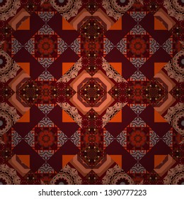 Vector illustration. Brown, red and orange ethnic geometric motif seamless pattern on colorful abstract background.