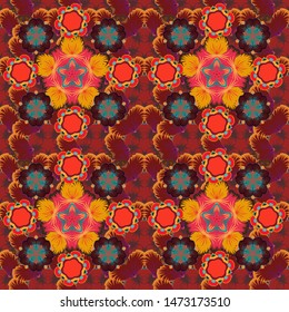 Vector illustration. Brown, red and orange shiny ornament, damask seamless pattern, abstract shapes.
