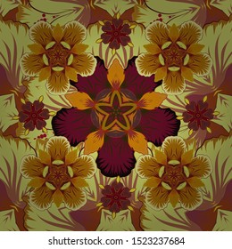Vector illustration. Brown, red and yellow shiny ornament, damask seamless pattern, abstract shapes.