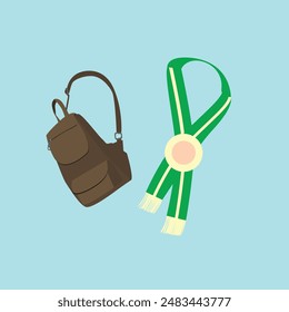 Vektorillustration einer braunen Schultasche und einer grünen Abschlussmedaille mit gelber Liste auf blauem Hintergrund