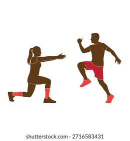 Ilustración vectorial de siluetas marrones de un hombre y una mujer con ropa deportiva roja, haciendo ejercicio con poses dinámicas, sobre un fondo blanco puro