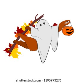 Vector illustration brown sloth in a Halloween ghost costume hangs on a branch in autumn and holds a pumpkin in his paw