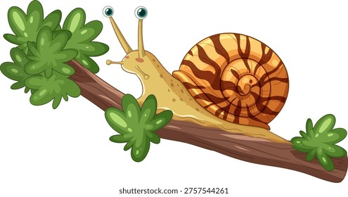Vector illustration of a brown snail on a leafy branch, bright colors, white background