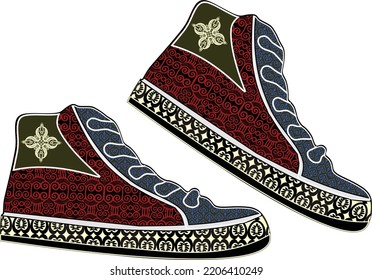 vector illustration of brown sports shoes with traditional batik motif.