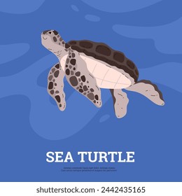 Vector illustration of a brown spotted sea turtle floating on the sea, side view. Illustrations of marine animals are ideal for the design of logos and icons on the ocean theme.