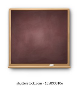 Vector illustration of brown square chalkboard with wooden frame with piece of chalk and shadow isolated on white background.