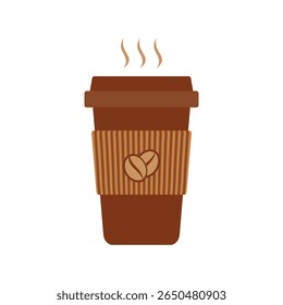 Vector illustration of a brown takeaway coffee cup with steam and striped sleeve. Ideal for cafe branding, menu design, beverage packaging, and morning lifestyle content.
