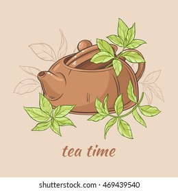 Vector Illustration with brown teapot  with tea leaves on brown  background