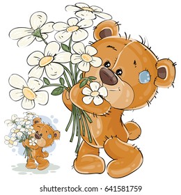 Vector illustration of a brown teddy bear holding a bouquet of flowers in his paws. Print, template, design element for greeting cards
