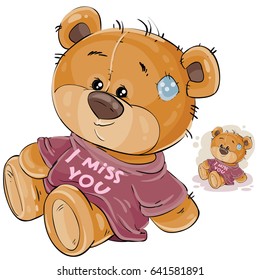 Vector illustration of a brown teddy bear dressed in a T-shirt with the inscription I miss you. Print, template, design element