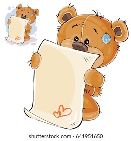 Vector illustration of a brown teddy bear misses and wrote a love letter. Print, template, design element