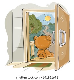 Vector illustration of a brown teddy bear sad sitting on the porch, looking at the road and waiting for someone. Print, template, design element