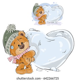 Vector illustration of a brown teddy bear makes a snowball in the shape of a heart. Print, template, design element