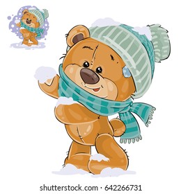 Vector illustration of a brown teddy bear rejoicing in the fallen snow. Print, template, design element