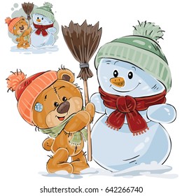 Vector illustration of a brown teddy bear makes a snowman. Print, template, design element