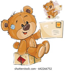 Vector illustration of a brown teddy bear sitting on a postal parcel and holding in its paw received letter. Print, template, design element