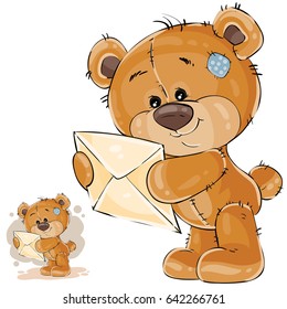 Vector illustration of a brown teddy bear holding in its paws received letter. Print, template, design element