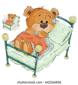 Vector illustration of a brown teddy bear misses and sad lies in bed. Print, template, design element