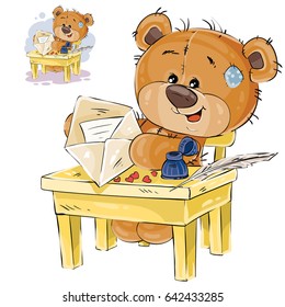 Vector illustration of a brown teddy bear sitting at the table, put in a mail envelope written love letter. Print, template, design element
